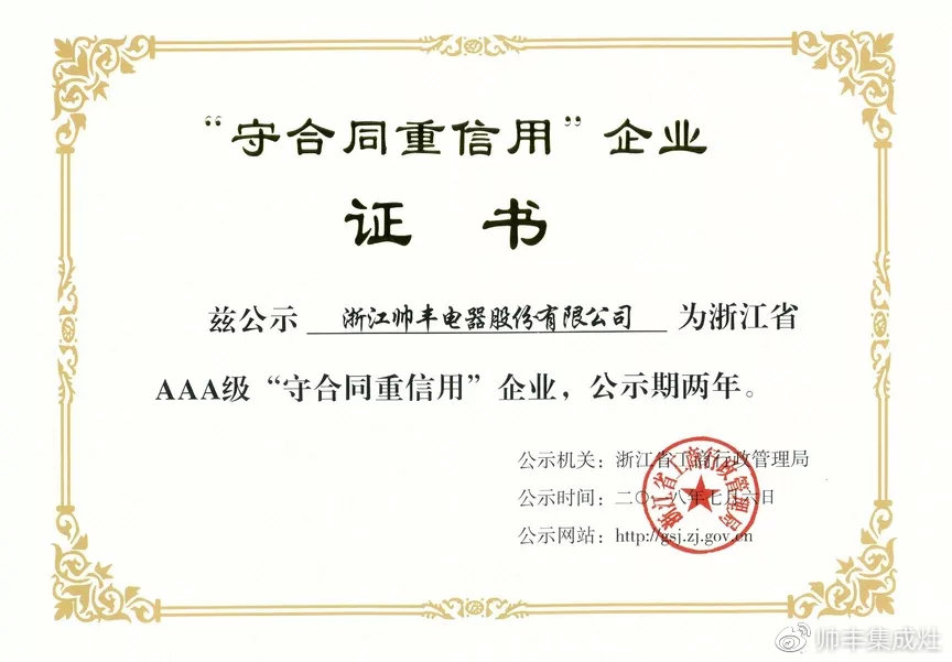 榮譽再加冕！帥豐電器榮獲浙江省AAA級“守合同重信用”企業(yè)